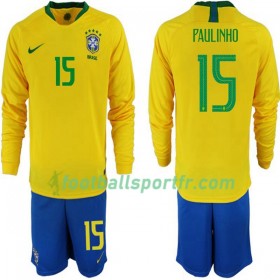 Tenue Brésil Paulinho 15 Enfant Domicile Coupe du monde 2018 Maillot de Foot ML